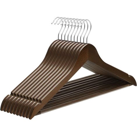 Cintre Bois, Lot de 10, avec Encoches Antiglisse, Barre Antiglisse pour Pantalons, Crochet Pivotant 360°, pour Costumes, Chemises, (1/5)