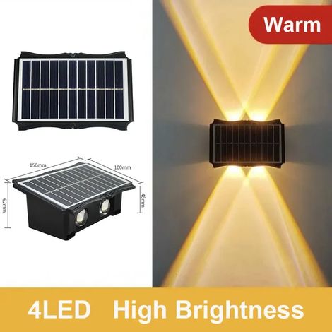 (4 LED à lumière chaude) Lampe solaire LED d'extérieur, applique murale solaire LED haute luminosité, éclairage vers le haut et vers le bas, compatible avec la décoration de jardin à la lumière du sol (1/5)