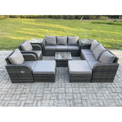 Fimous Dossier haut Salon de jardin avec Table basse carrée 2 Grand tabourets 2 Tables d'appoint Ensemble de canapés en rotin Gris foncé mixte (1/5)