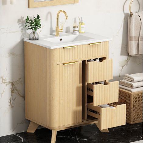Badmöbel mit Waschbecken 61 cm, 3 Schubladen, Schiebetür, Naturholz HAVRYA (1/5)