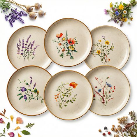 JUEGO DE 6 PLATOS LLANO DE CER脕MICA 24cm FLORES SILVESTRES (1/5)