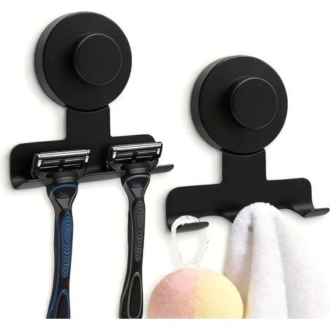 Support de rasoir à ventouse pour douche, lot de 2 crochets doubles en acier inoxydable pour salle de bain, fixation murale sans perçage, compatible carrelage, verre, miroir, noir (1/5)