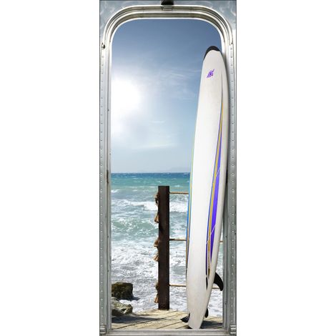 Sticker mural 204 cm X 83 cm, décoration trompe l'oeil planche sur ponton bord de mer, ciel bleu ensoleillé. (1/2)