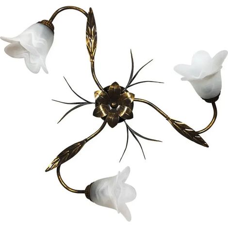 Plafonnier Amelia 3 lumières E14 marron/or et verre blanc spugnato