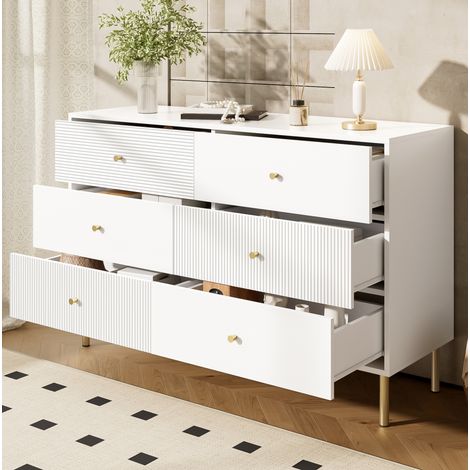 Commode 120x40x78 cm blanche en MDF avec 6 tiroirs, poignées en alliage de zinc et pieds en acier (1/5)
