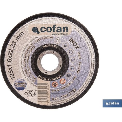 Disque à tronçonner de 125 mm pour métaux, d'une épaisseur de 1,6 mm, certifié selon la norme ISO 9001:2000.