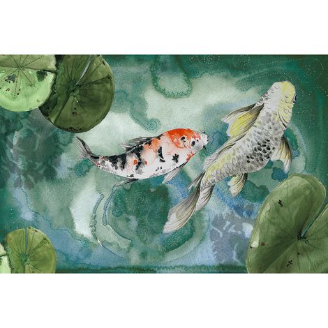Papier peint panoramique enfant à motif poisson | Tapisserie panoramique animaux dessin tendance | Papier peint panoramique bleu & vert moderne salon - 267 x 400 cm (4 pièces) (1/2)