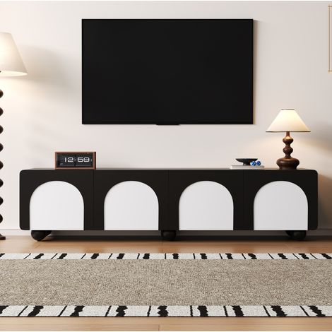 Meuble TV MDF et panneaux PB noir et blanc 180 x 38 x 45 cm, 2 tiroirs, 2 portes, passe-câbles (1/5)