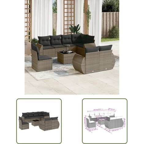 The Living Store 9-tlg. Garten-Sofagarnitur mit Kissen Grau Poly Rattan - Gartenmöbel Set - PE-Rattan Möbel - Outdoor Lounge - Esstisch - Gartenstuhl (1/3)