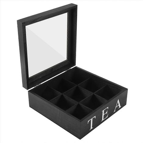 Aufbewahrungsbox aus Holz für Tee und Teebeutel, 9 Fächer, schwarzer Deckel, elegante und praktische Aufbewahrungsbox (1/5)