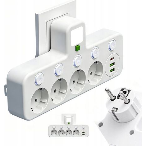 Steckdosenleiste mit 4 Steckdosen und 1 USB-C-Anschluss, 2500 W, 10 A, separatem Schalter, Nachtlicht, sicherem PC-Material, für Zuhause, Büro oder Schlafzimmer (1/5)
