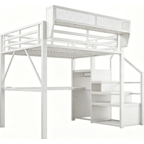Letto a soppalco 140 x 200 cm in metallo bianco con scrivania, scala e LED (1/5)