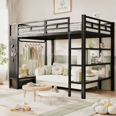 Cama alta de metal 140x200 negra con armario abierto y LED OKWISH (1/5)