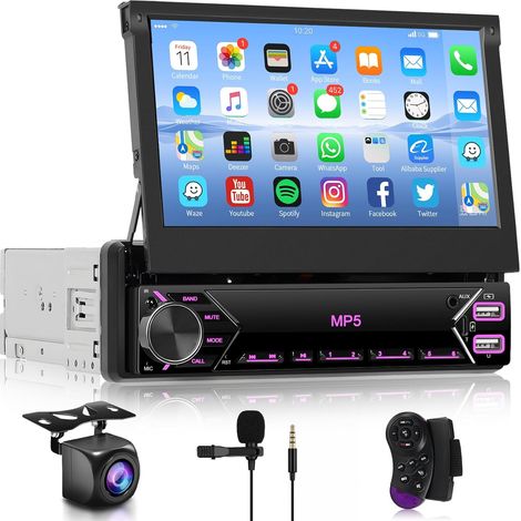 1 Din Ecran Rétractable Autoradio, Écran Tactile IPS de 7 Pouces Poste Radio Voiture 1 Din Bluetooth Lien Miroir, Autoradio avec Radio FM, Type-C USB AUX U-Disk, Contrôle du Volant et Caméra (1/5)