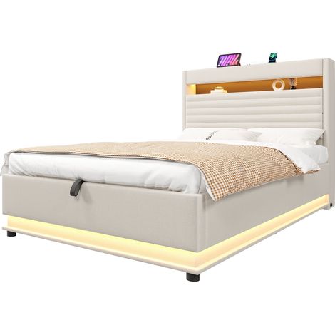 Lit coffre 90x200 cm en tissu beige avec LED, ports USB et USB-C, tête de lit rembourrée, rangement hydraulique spacieux, sans matelas, pour chambre moderne CHICFURN (1/5)