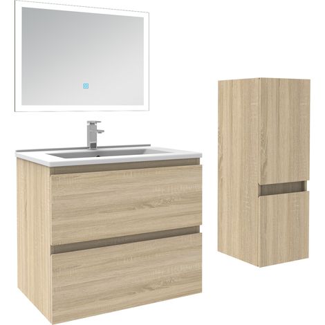 Ensemble meuble de salle de bain 60cm, vasque céramique + colonne bas + miroir lumineux, chêne