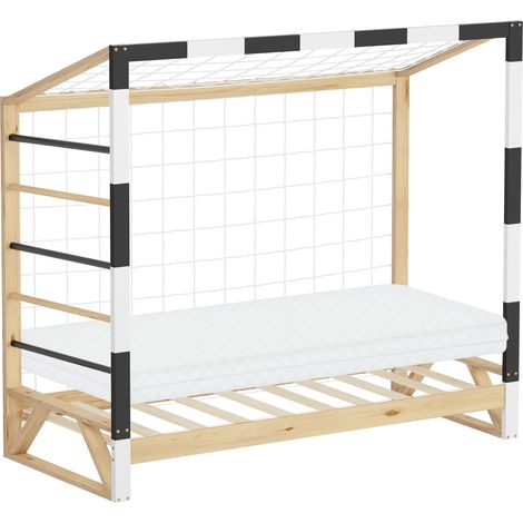 ML-Design Cama Infantil 80x160 cm Portería de Fútbol o Balonmano con Colchón 10 cm, Cuna Individual de Madera de Pino con Somier de Láminas, Red y Escalera para Trepar, Litera Maciza Juvenil para Niño