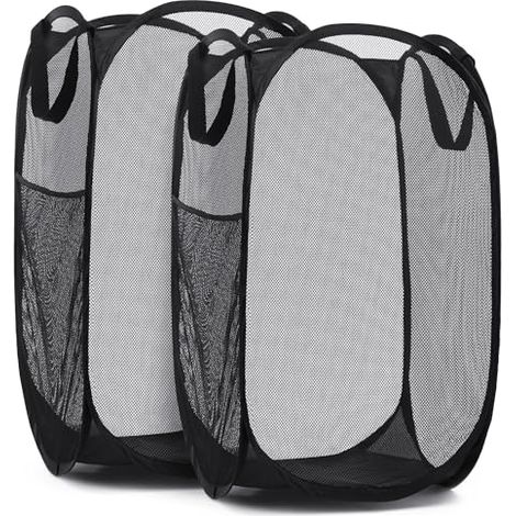 Panier à linge pliable en filet pratique avec large ouverture et poches latérales — respirant, robuste, pliable et peu encombrant, parfait pour les vêtements et le rangement (Noir Lot de 2) (1/5)