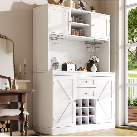 Küchenschrank mit verstellbaren Ablagen & Weinregal, Hochschrank Küchenbuffet mit 4 Türen & 2 Schubladen, Sideboard für Küche & Wohnzimmer, Buffetschrank, Weiß (1/5)