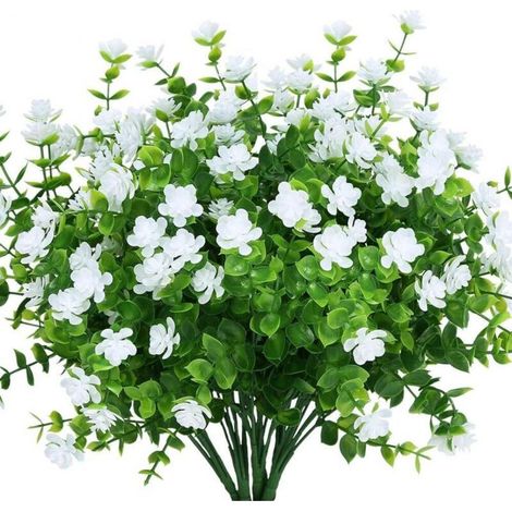 8 Bouquets Fleurs Artificielles Fleur Fausse, UV Résistant Verdure Arbustes Plantes Eucalyptus Intérieur Extérieur Suspendus Planteur Accueil Jardin Décor, Blanche (1/5)