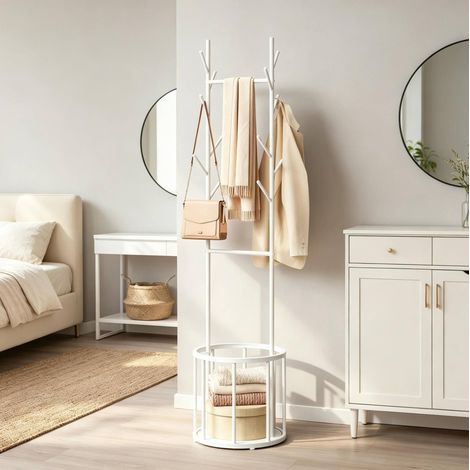 Perchero de pie en forma de árbol con cesta de almacenamiento, metal blanco 175 cm DESVIAE (1/4)