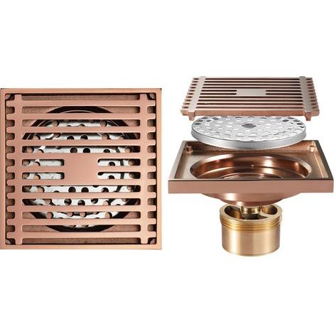 Gold Square Floor Drain, 4 Inch Brass Floor Drain with Removable Tile Insert Grate and Hair Strainer, for Kitchen Hotel Toilet Balcony Bathroom Shower (1/5)