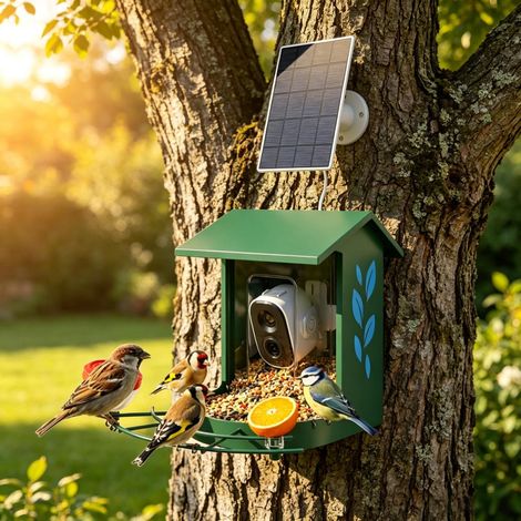 Mangeoire à oiseaux avec caméra 2K, 2,5 L, angle 142°, IA, panneau solaire, IP65, 32 Go SD, pour jardin & observation (1/5)