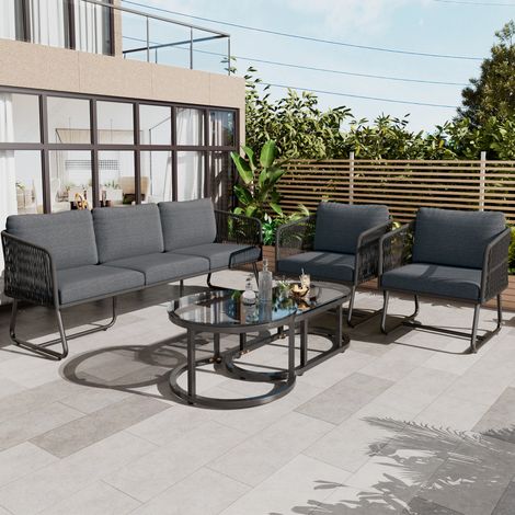 Ensemble de jardin en fer 5 places gris avec coussins et tables en verre (1/5)
