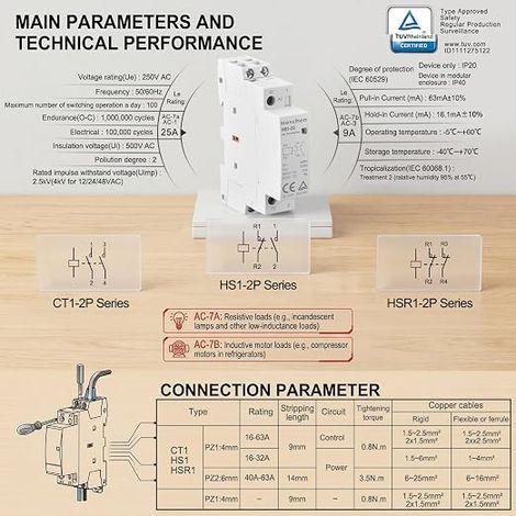 Home AC Contactor, HS1-25, 2 Pole 1NO 1NC, AC 220V/240V Coil Voltage, 35mm DIN Rail Mount (1/3)