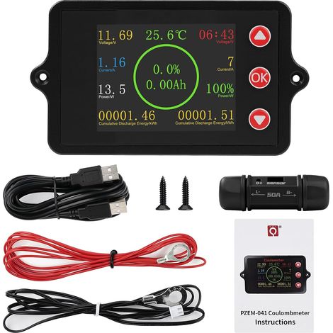 DC 8–100 V 50 A Batteriemonitor, Batterietester, Batteriestromanzeige, Batteriekapazitätsmonitor mit 50-A-Kupfer-Mangan-Shunt-Sensor, Temperatursensor und Alarmfunktion