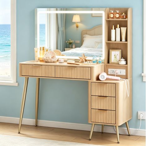 CHICFURN Tavolo da trucco 117 x 40 x 137 cm in MDF e vetro, finitura legno chiaro, grande specchio (1/5)