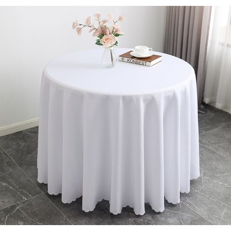 Cette nappe ronde blanche en polyester est idéale pour une table basse, une table de pique-nique ou une table de jardin. Diamètre : 220 cm. (1/5)