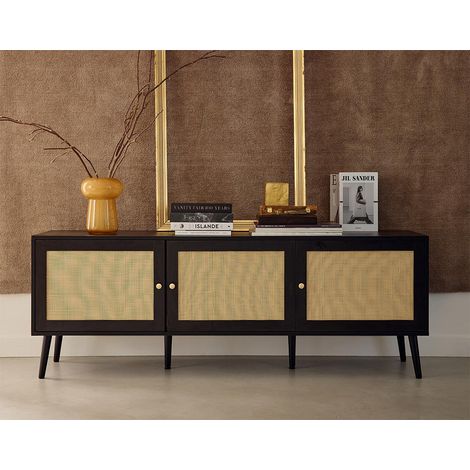 Bestmobilier – Meuble TV contemporain 167 cm – Façade en cannage noir – 3 portes – Rangement multimédia – Résistant à l'humidité et aux rayures (1/5)
