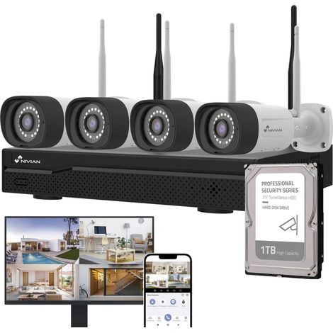 NIVIAN Kit Videosorveglianza WiFi Professionale 2K con 4 Telecamere IP, NVR 10 Canali, Immagini Super HD, IA Rilevamento Umano, Visione Notturna, Audio, HDMI, App EseeCloud, Registrazione 24/7 HDD (1/5)