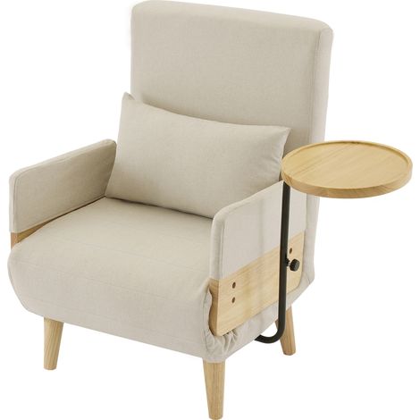Sillón convertible 3 en 1 de lino beige con bandeja giratoria, reposacabezas y patas de madera (1/5)