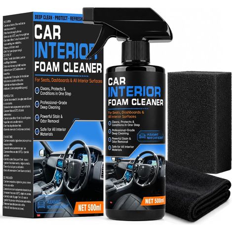 Nettoyant Voiture Interieur 500ml, Nettoyant Plastique Voiture Interieur avec Chiffon et Éponge, Nettoyant pour Sièges, Tableau de Bord et Toutes les Surfaces Intérieures du Véhicule (1/5)