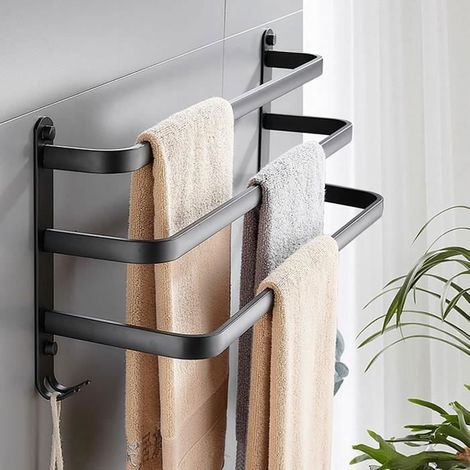 porte serviettes 3 étages-avec Crochets- Étanche-Porte Serviette Murale pour Salle de Bain Cuisine sans Percages 60cm Noir (1/4)