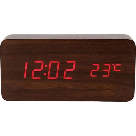 Réveil - AVIZAR - Horloge Bois Marron - Affichage date/heure/température - Éclairage LED - Design minimaliste (1/5)