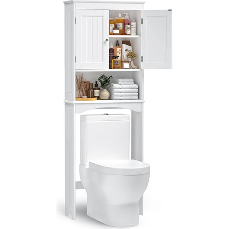 Bealife Mobile WC con Scaffalatura Sopra il Water a Piedistallo, Ripiano con Scomparti Aperti, 2 Ante e Ripiani Regolabili