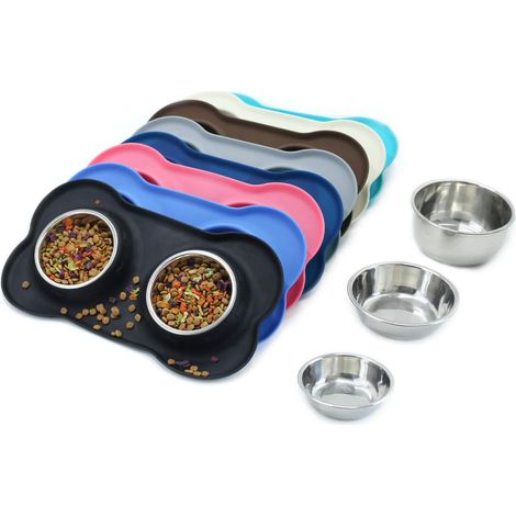 Gamelles pour chiens en acier inoxydable avec tapis en silicone antidérapant anti-déversement, pour chiots, chiens de petite et moyenne taille. (1/5)