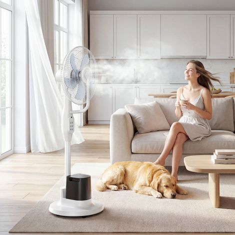 Ventilatore a piantana con funzione nebulizzante, oscillazione a 70°, 3 velocità, 3 modalità, serbatoio dell'acqua da 3,5 litri, colore bianco.