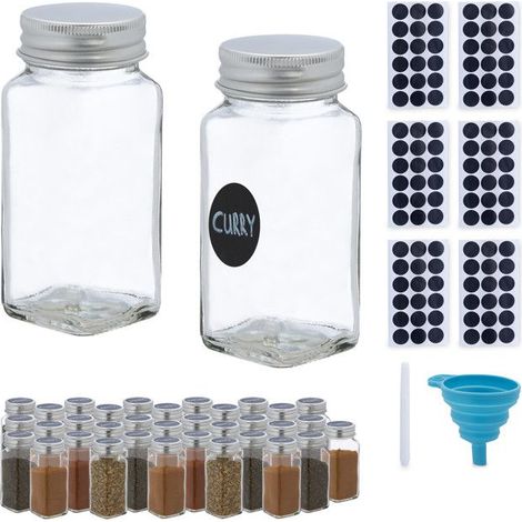 Relaxdays Lot de 36 pots à épices, avec entonnoir, verres à condiments, avec étiquettes, 120 ml, verre, transparent (1/5)