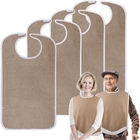 Bavoir Adulte - Lot de 4 - Tissu Éponge - Imperméable - Senior et Handicapé - Réglable