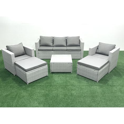 Fimous 7 places Salon de jardin avec Canapé 3 places 2 Chaise Table basse carrée 2 Grand tabourets Gris clair mixte (1/5)