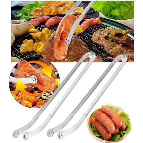 Paquete de 2 pinzas para salchichas de barbacoa acero inoxidable 38 cm (15"), Pinzas multifuncionales cocinar aire libre mango largo, Plateadas (1/5)