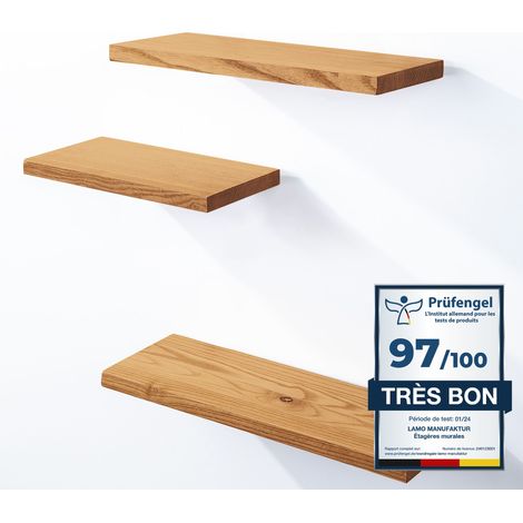 Étagère murale en bois massif 3 étagères – Fixation invisible – Dimensions 42/36/30cm – Couleur noir – Pour salon, chambre, cuisine – Lamo Manufaktur