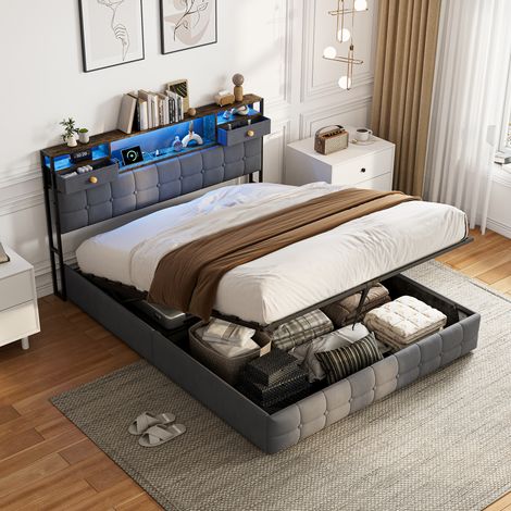 Lit Coffre 160×200 avec LED et Ports USB,Tête de Lit Capitonné avec Étagères Ouvertes et Rangement Caché, Lit Double avec Hydraulique, Sommier à Lattes, Velours, sans Matelas
