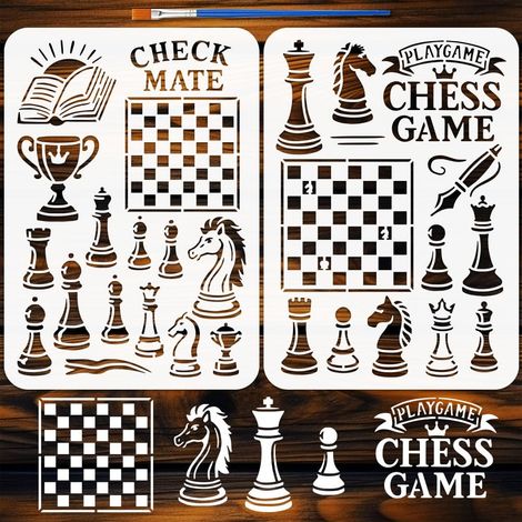 2PCS Pochoir Journal d'Échecs avec Pinceau 21x29.7cm Modèle de Dessin Échiquier Plastique Pochoir Pièces d'Échecs Échec et Mat Modèle Thème Quotidien pour Décoration de Sol (1/5)