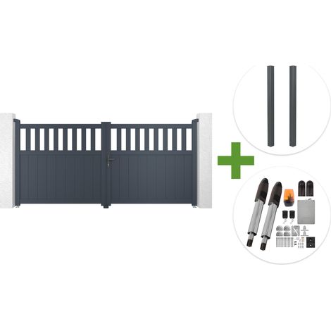 Portail battant 3m SANTIS H.140cm aluminium gris + 2 poteaux ELDA aluminium gris 15x15cm + motorisation Tanker B700 (1/5)