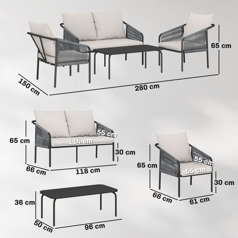 Ensemble de mobilier de jardin 4 pièces, ensemble lounge en polyrotin avec canapé deux places, 2 fauteuils, table basse amovible, coussins et attaches. (1/5)